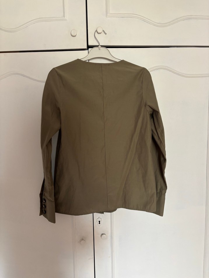 Bej Düğmeli V Yaka Keten Kadın Gömlek - Görsel 3