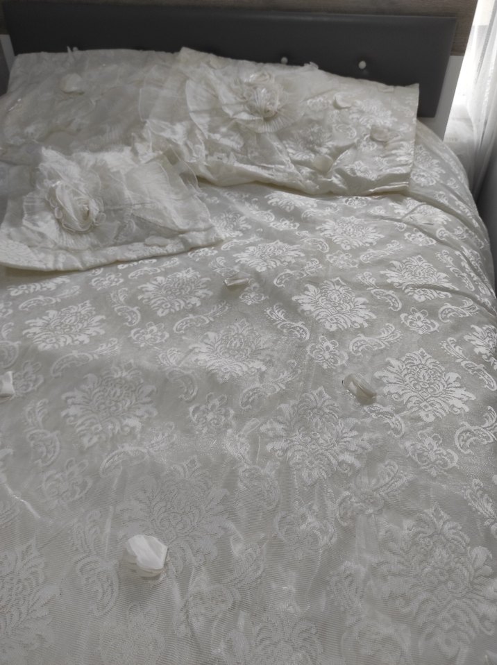 İşlemeli Beyaz Parlak Yatak Örtüsü - Görsel 5