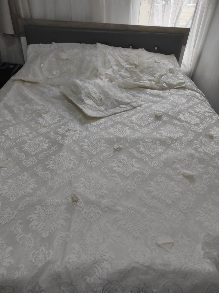 İşlemeli Beyaz Parlak Yatak Örtüsü - Görsel 2