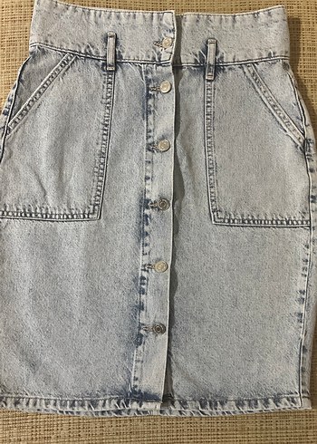s Beden Düğmeli Gri Denim Midi Etek