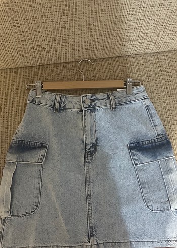 Cepli Bağcıklı açık mavi gri arasıDenim Mini Etek