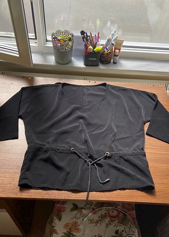 Siyah, kısa Kollu, Bel Detaylı Kadın Bluz oversize
