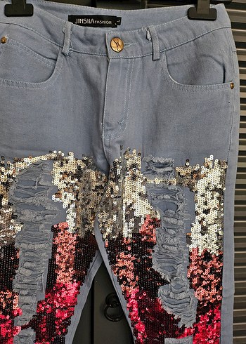 Pul İşlemeli Çok Renkli Denim Pantolon - Görsel 3