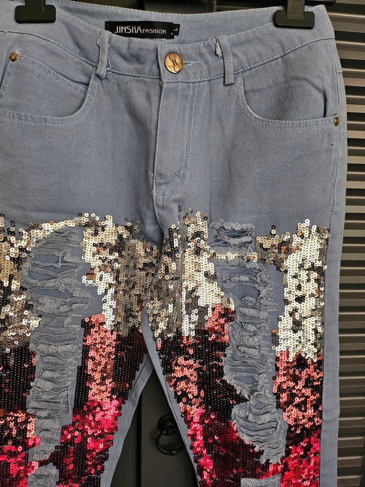 Pul İşlemeli Çok Renkli Denim Pantolon - Görsel 3