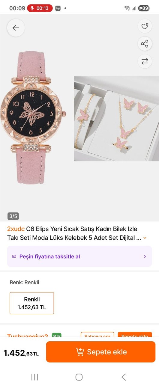 Pembe Kelebek Detaylı Kadın Saat ve Takı Seti - Görsel 2