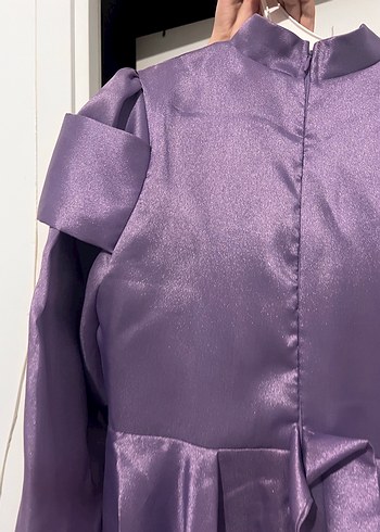 Uzun Kollu Parlak Lila Drapeli Kadın Abiye - Görsel 6