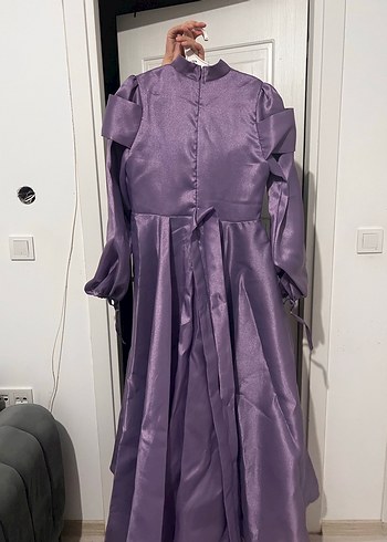 Uzun Kollu Parlak Lila Drapeli Kadın Abiye - Görsel 4