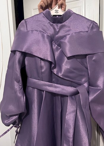 Uzun Kollu Parlak Lila Drapeli Kadın Abiye - Görsel 3