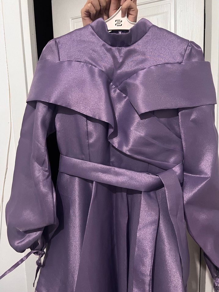 Uzun Kollu Parlak Lila Drapeli Kadın Abiye - Görsel 3
