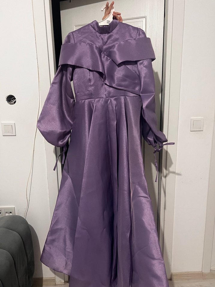 Uzun Kollu Parlak Lila Drapeli Kadın Abiye - Görsel 5