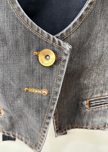 m Beden Gri Denim Kemerli Kadın Yelek