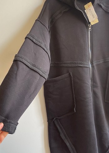 Kapüşonlu Siyah Uzun Kadın Kaban - Görsel 2