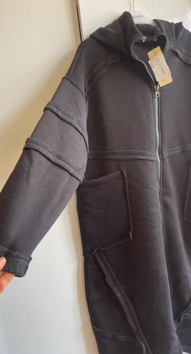 Kapüşonlu Siyah Uzun Kadın Kaban - Görsel 2