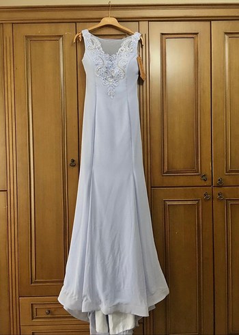 V Yaka Dantelli Bebek Mavisi Düğün Elbisesi - Görsel 2