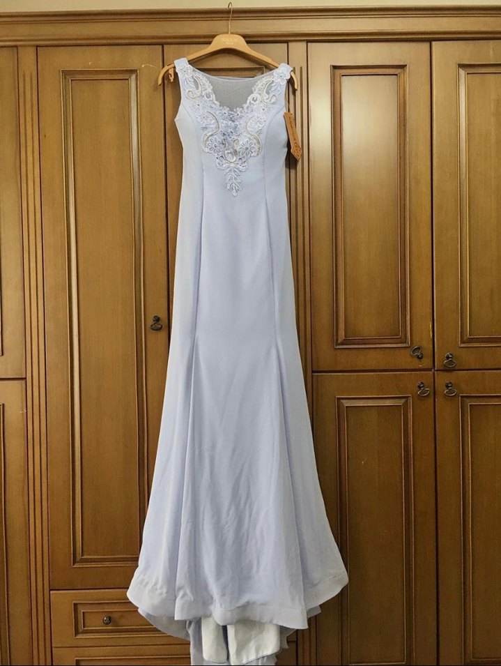 V Yaka Dantelli Bebek Mavisi Düğün Elbisesi - Görsel 2