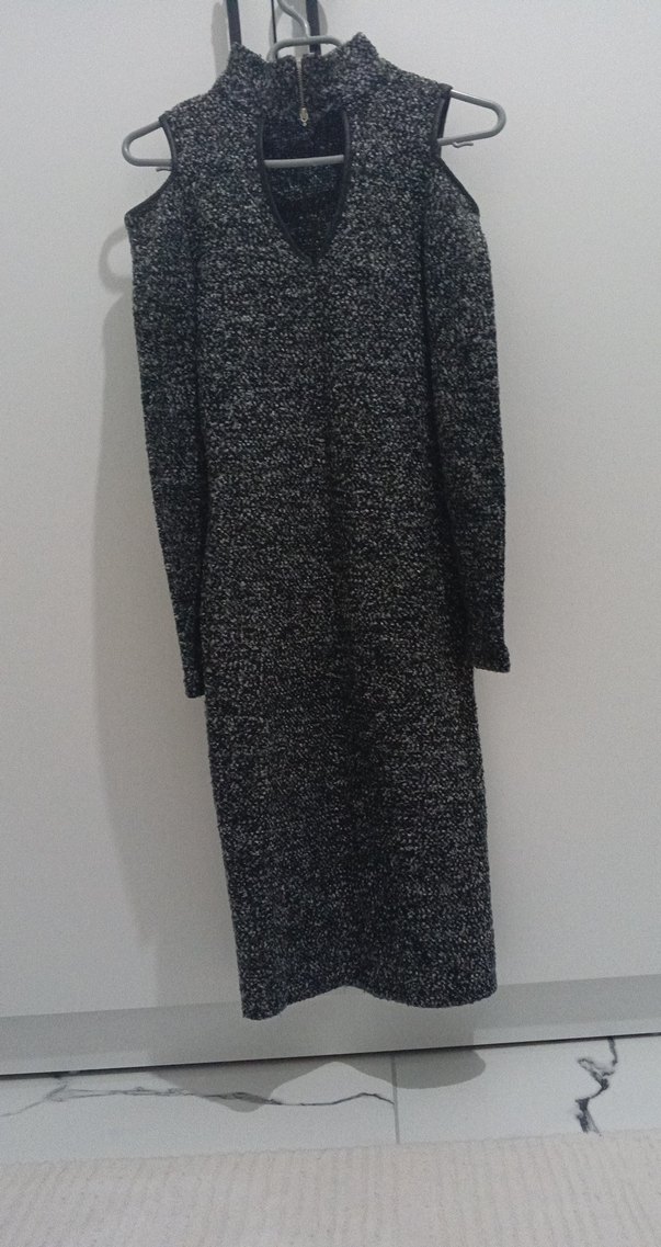 Gri Uzun Kollu V Yaka Triko Elbise - Görsel 4