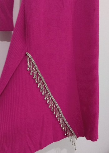 Pembe Uzun Triko Elbise Taş İşlemeli - Görsel 4