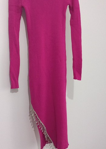 Pembe Uzun Triko Elbise Taş İşlemeli - Görsel 3