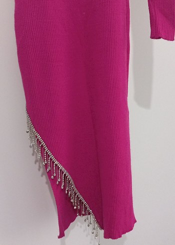 Pembe Uzun Triko Elbise Taş İşlemeli - Görsel 2