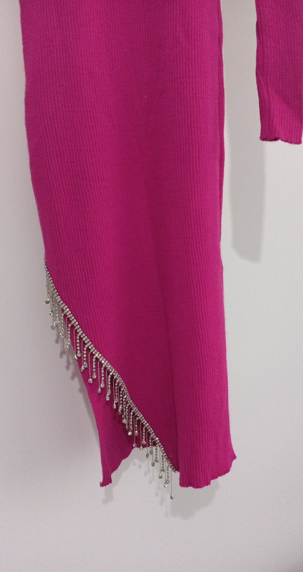 Pembe Uzun Triko Elbise Taş İşlemeli - Görsel 2