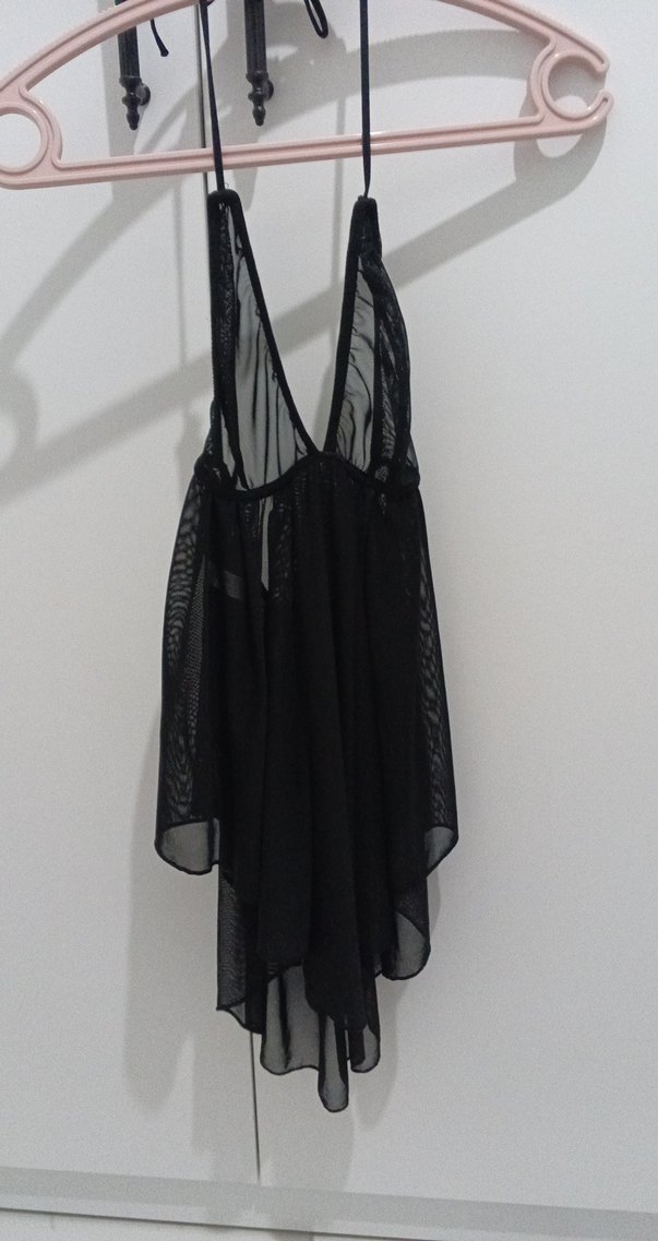 Siyah Gotik İnce Askılı Mini Gecelik - Görsel 2
