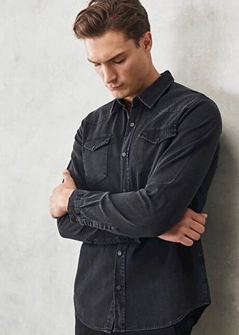 Siyah Denim Erkek Gömlek, Regular Fit, Uzun Kollu