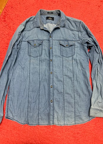 l Beden Mavi Denim Erkek Gömlek, Regular Fit, Uzun Kollu