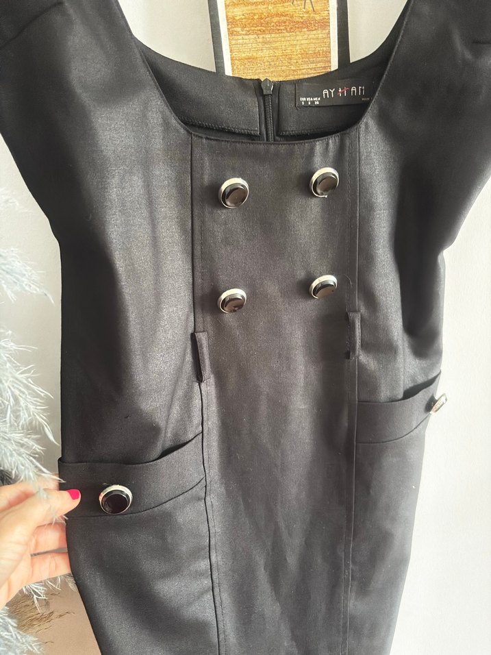 Düğmeli Siyah Uzun Kadın Ofis Elbisesi - Görsel 2