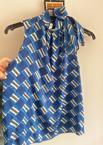 Mango Mavi Drapeli Halter şal Yaka Kadın Bluz - Görsel 4