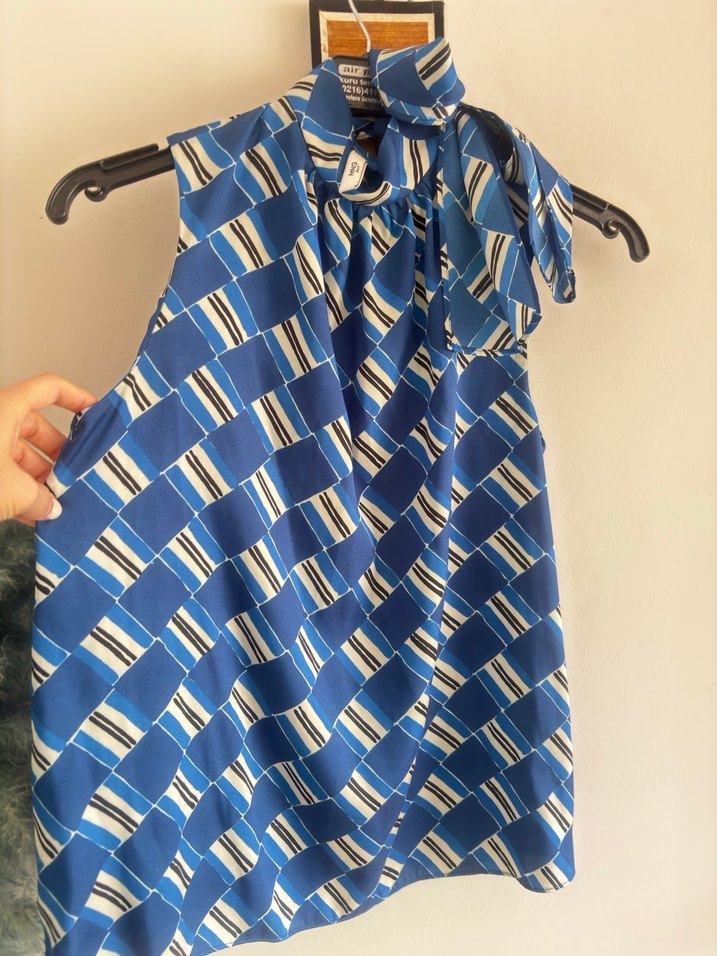 Mango Mavi Drapeli Halter şal Yaka Kadın Bluz - Görsel 4