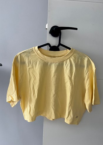 Sarı Keten Kısa Kollu Crop Top