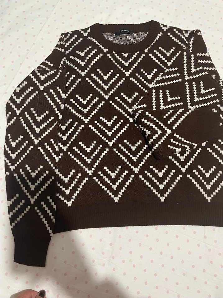 Kahverengi Desenli Kadın Triko Kazak - Görsel 5