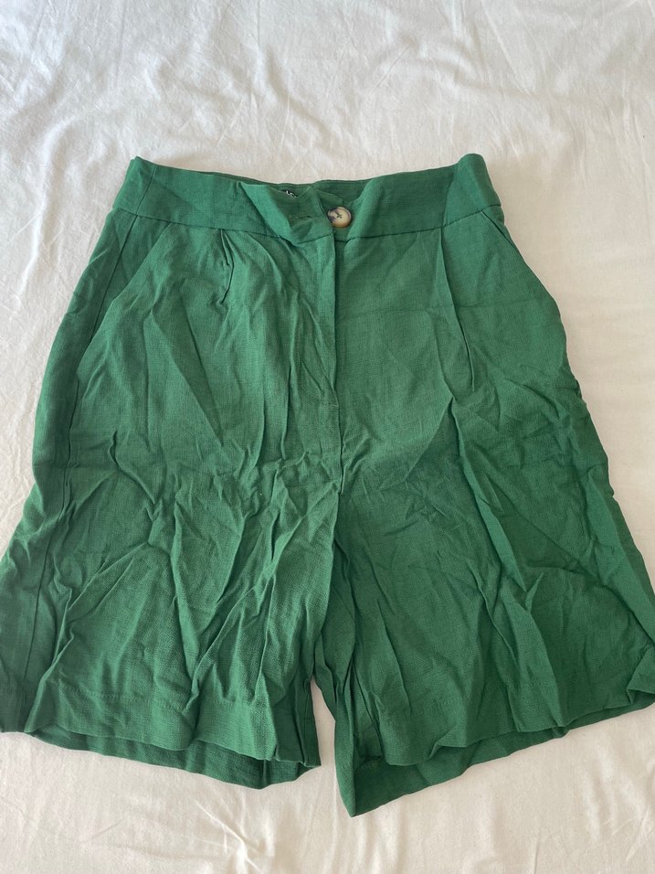 Kadın Koyu Yeşil Yüksek Bel Keten Şort - Görsel 3