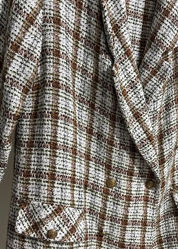 Düğmeli Kahverengi Ekose Kadın Blazer Ceket - Görsel 2