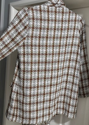 Düğmeli Kahverengi Ekose Kadın Blazer Ceket - Görsel 4