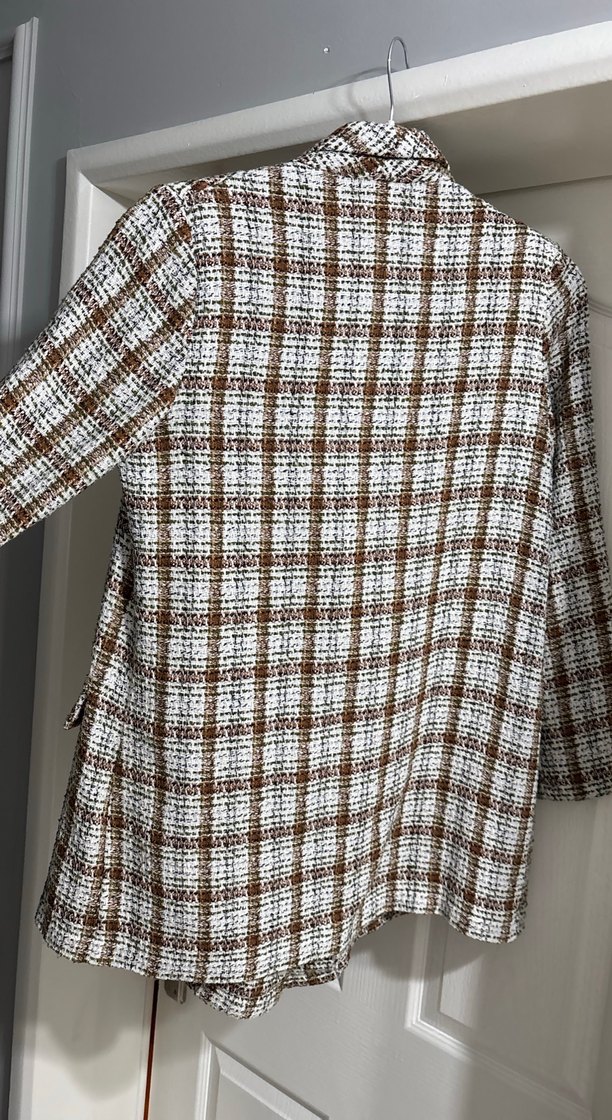 Düğmeli Kahverengi Ekose Kadın Blazer Ceket - Görsel 4