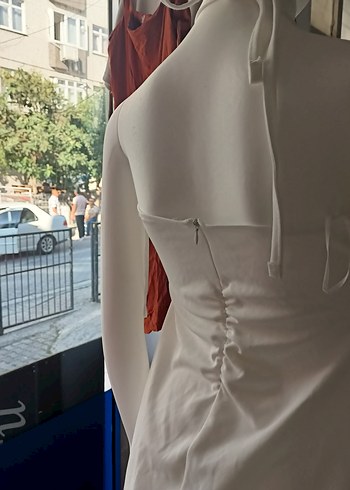 40 Beden beyaz Renk Beyaz V Yaka Drapeli Mini elbise