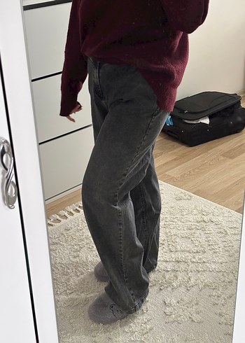 Gri Bol Kesim Kot Pantolon - Görsel 4