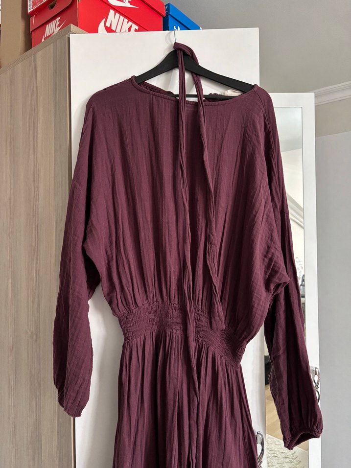 MANUKA Mürdüm Renkli Uzun Müslin Elbise - Görsel 5