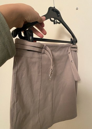 Bej  Mini Etek, Kemerli Mango - Görsel 3