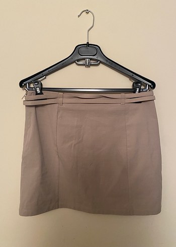 Bej  Mini Etek, Kemerli Mango - Görsel 4