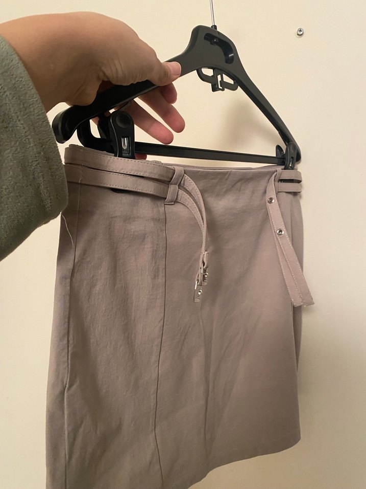 Bej  Mini Etek, Kemerli Mango - Görsel 3