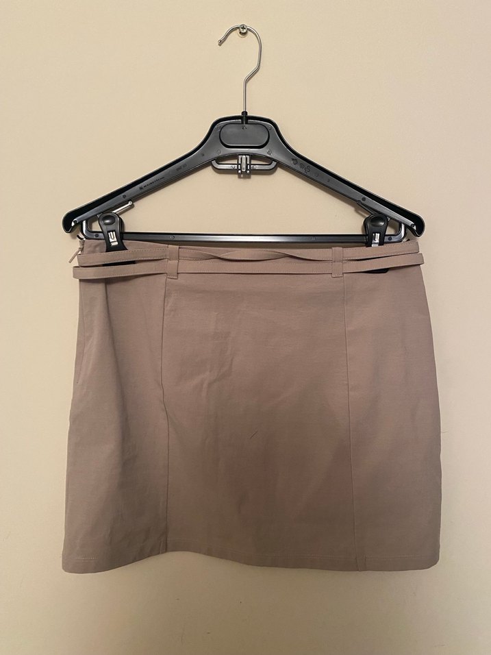 Bej  Mini Etek, Kemerli Mango - Görsel 4