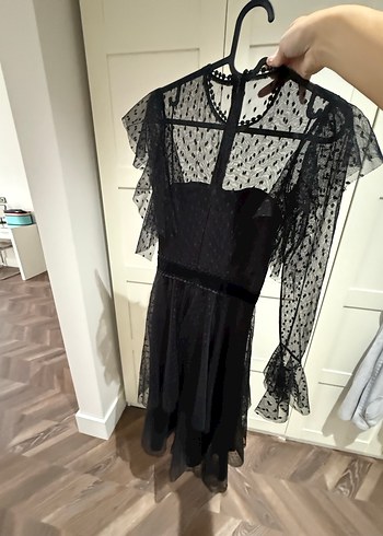 Fırfırlı Siyah Nakışlı Midi Gotik Elbise - Görsel 2