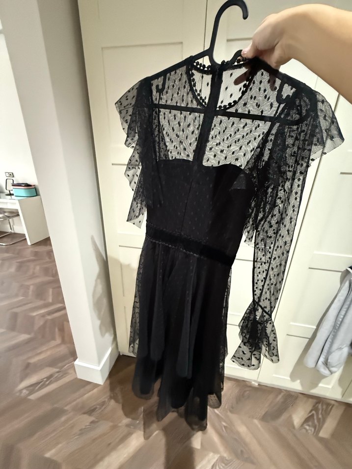 Fırfırlı Siyah Nakışlı Midi Gotik Elbise - Görsel 2