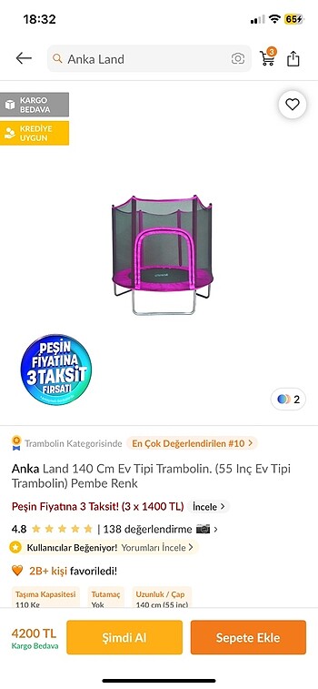 Anka land marka trambolin 140 cm sıfır fiyatı 4200