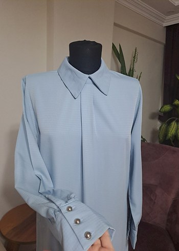 Uzun Kollu Mavi Ofis Tunik - Görsel 3