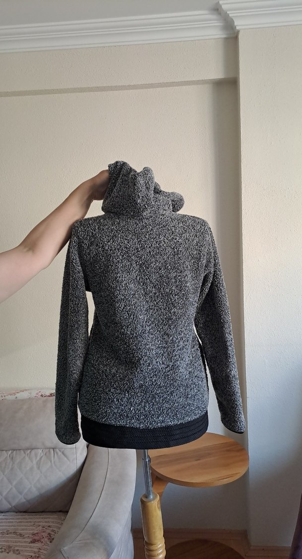 Gri peluş Kadın Kapüşonlu Ceket - Görsel 2