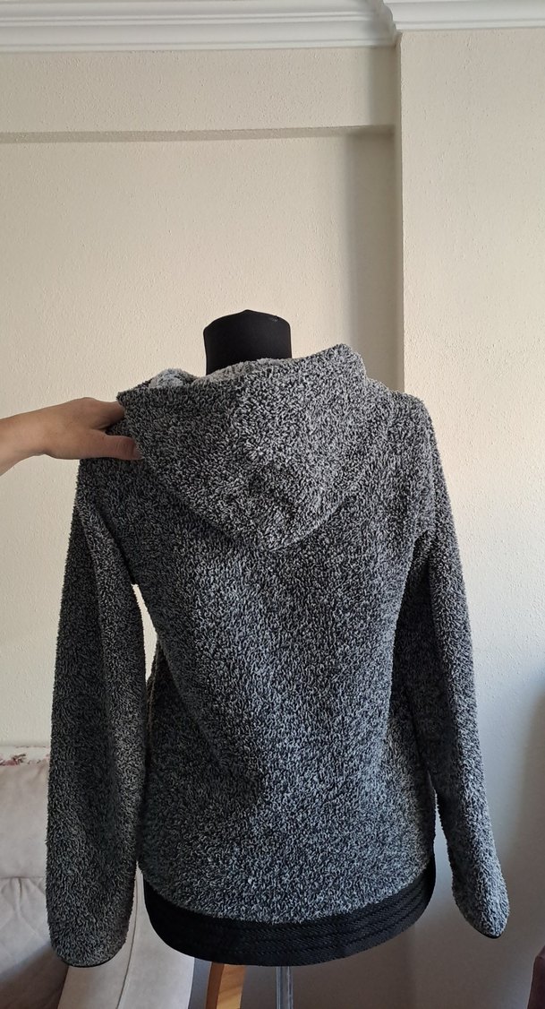 Gri peluş Kadın Kapüşonlu Ceket - Görsel 3