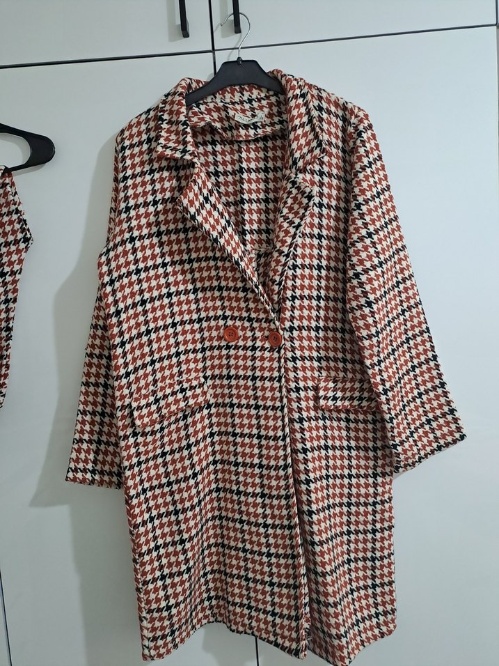 Düğmeli Kahverengi Ekose Midi Kadın Kaban takım - Görsel 2